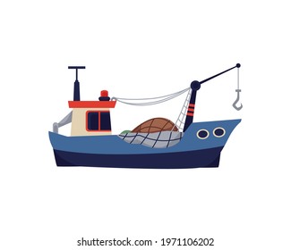 Cartoon symbol of fishing trawler or boat with net hoist, flat vector illustration isolated on white background. Watercraft for trawling or catching fish with net.