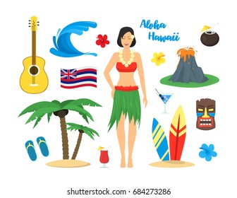 Cartoon Symbol Of Hawaii Color Icons Set Tourism Concept Flat Style Design. Vector illustration
