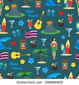 Cartoon Symbol Of Hawaii Seamless Pattern Background Tourism Concept Flat Style Design. Vector illustration