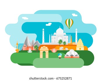 Cartoon Symbol of India Background Famous Landmark Tourism Concept Flat Style Design Elements. Vector illustration