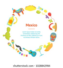 Cartoon Symbol of Mexico Banner Card Circle Welcome Travel Concept American Culture. Vector illustration of mexican sign