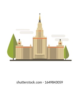 Cartoon symbol of Moscow. Popular tourist architectural object: Moscow State University.