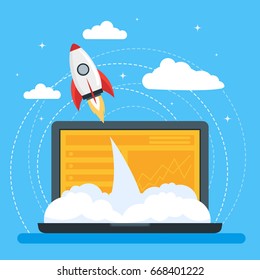 Cartoon Symbol Start Up Concept Space Ship Rocket and Gadget Promotion, Strategy and Organization Flat Style Design. Vector illustration