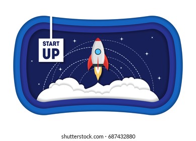 Cartoon Symbol Start Up Concept Space Ship Rocket for Promotion, Strategy and Organization Paper Art Style Design. Vector illustration