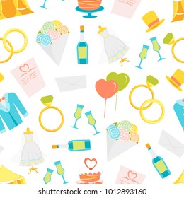 Cartoon Symbol Of Wedding Seamless Pattern Background on a White Accessory for Celebration Flat Style Design. Vector illustration