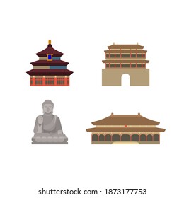Cartoon symbols of China. Popular tourist architectural object. China icons set.