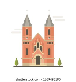 Cartoon symbols of Mykolaiv. Popular tourist architectural object: Roman Catholic Church, Ukraine.