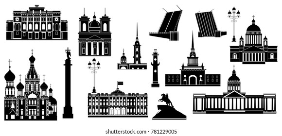 Cartoon symbols and objects set of St. Petersburg. Popular tourist architectural objects: Winter Palace,  Palace bridge, Admiralty, Isaac cthedral, Kazan cathedral and another sights.