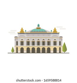 Cartoon symbols of Paris. Popular tourist architectural object: National Opera Garnier, France.