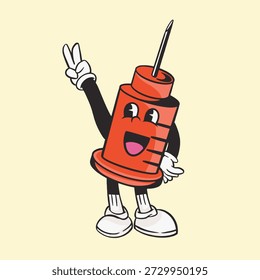 Personagem de seringa para desenho animado com rosto sorridente e luvas. O personagem da seringa é vermelho e preto, com uma pose divertida. Divertido e envolvente ilustração seringa. Vetor de ilustração de caractere bonito.