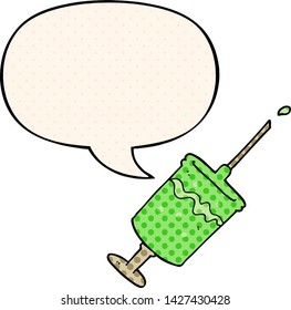 cartoon syringe needle with speech bubble in comic book style
