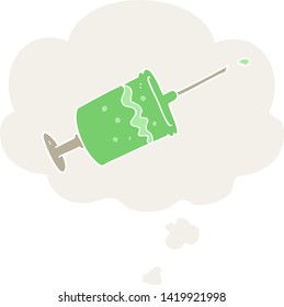 cartoon syringe needle with thought bubble in retro style
