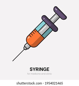 Cartoon syringe vector. Flat colorful injection with thin outlines for clinic. Coronavirus vaccine in syringe. Healthcare vector with needle for medicine and covid. Doctor equipment. Plastic syringe