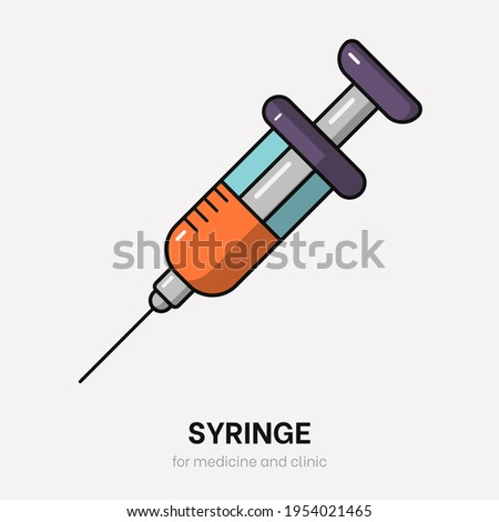 Cartoon syringe vector. Flat colorful injection with thin outlines for clinic. Coronavirus vaccine in syringe. Healthcare vector with needle for medicine and covid. Doctor equipment. Plastic syringe