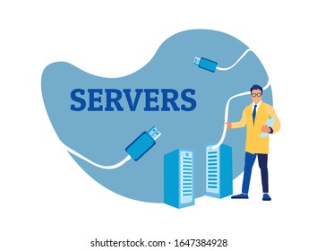 Cartoon Sysadmin Man Engineer Working with Server Rack. Cloud Storage and Online Computing Technology Maintenance. Servers Building. Datacenter Connection Network. Vector Flat Illustration