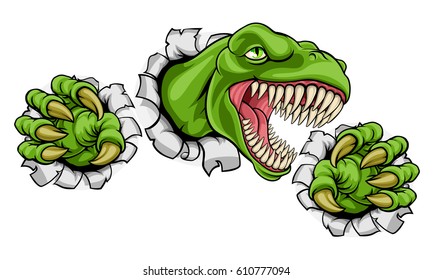 A cartoon T Rex tyrannosaurus dinosaur mascot ripping through the background with its claws