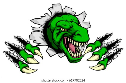 Cartoon T Rex tyrannosaurus dinosaur mascot ripping through the background with its claws