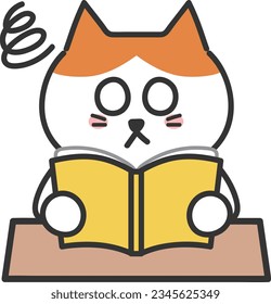 Cartoon tabby cat feeling dizzy while reading difficult book  vector illustration 