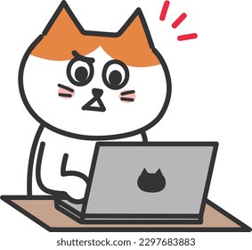 Cartoon tabby cat finding something wrong while using a computer, vector illustration.