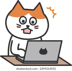 Cartoon tabby cat finding something while using a computer, vector illustration.
