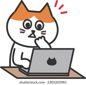 El gato de la tabla de dibujos animados encuentra cosas inesperadas mientras utiliza una computadora, ilustración vectorial.