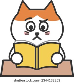 Cartoon tabby cat having a dubious face with a book, vector illustration.