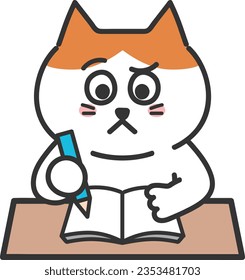 Cartoon tabby cat having a dubious face with a pencil and notebook, vector illustration.