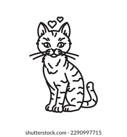 Dibujo tabby cat en icono de línea vectorial de amor 