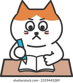 Cartoon tabby cat studying very hard, vector illustration.