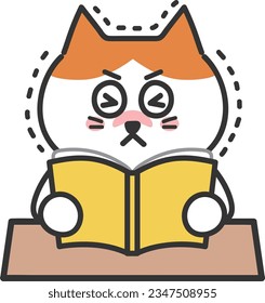 Cartoon tabby cat trembles with fear while reading a scary book, vector illustration.