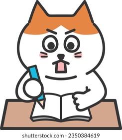 Cartoon tabby cat writing something angrily with a pencil and notebook, vector illustration.