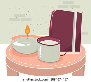 cartoon table with candle book and coffee cup hygge style vector illustration