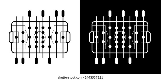Cartoon table football game or foosball or table soccer. Soccer ball in goal. Soccer border. football players pawn. Football table soccer, sport team. Game to score goals. Game pins or pieces on bar.