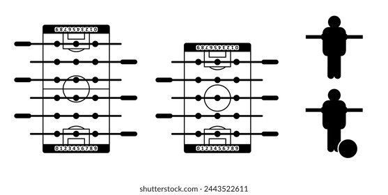 Cartoon table football game or football or table soccer. Soccer ball in goal. Soccer border. football players pawn. Football table soccer, sport team. Game to score goals. Game pins or pieces on bar.