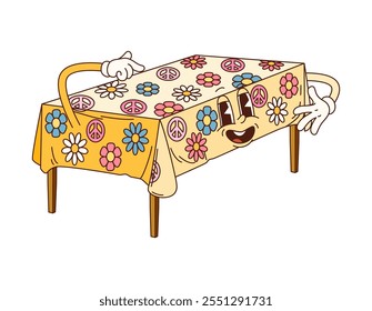 Personaje de muebles de mesa de dibujos animados adornada con manteles coloridos con flores vibrantes y símbolos de paz. Artículo interior casero retro de Vector aislado con cara sonriente y vibración funky hippie