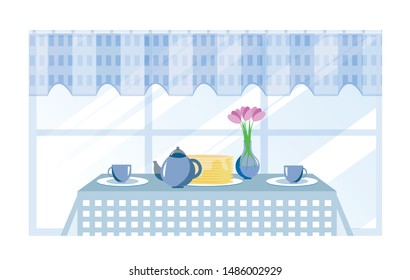 Cartoon Table Served for Breakfast Illustration. Tablecloth, Ceramic Teapot and Two Cups. Plate with Fresh Hot Pancakes and Flowers in Vase. Cozy Dining Room, Cafe or Restaurant Vector Interior