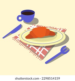 Cartoon table setting for breakfast. A mug of coffee, a croissant on a plate with a fork and a knife. Service, lunch, cafe, rest, breakfast. Hand-drawn cute vector illustration. Print banner breakfast