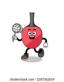 Caricatura de raqueta de ping pong atrapando una mariposa , diseño de carácter