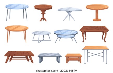 Cartoon table. Wooden, metal and glass cafe and home decor furniture. Dining kitchen desk, restaurant and coffee tables vector illustration set of table metal, restaurant furniture