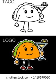 cartoon taco in a bar holds a margaritta cocktail in hand