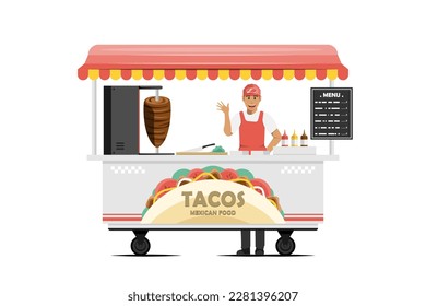 Cartoon taco cart with male salesperson on isolated background, Digital marketing illustration.