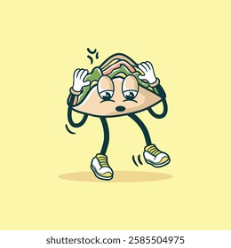 A cartoon taco character with a worried expression is depicted dancing, showcasing stress through body language.