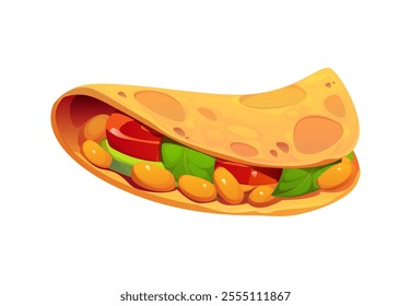 Cartoon taco filled with beans, lettuce, and tomatoes, representing the rich flavors of traditional Mexican cuisine. Isolated vector tex mex fast food meal with fresh ingredients, culinary of Mexico