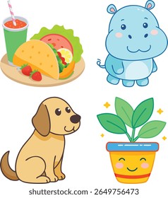 Um desenho animado com um taco, hipopótamo, cão e planta em vaso em um fundo branco.