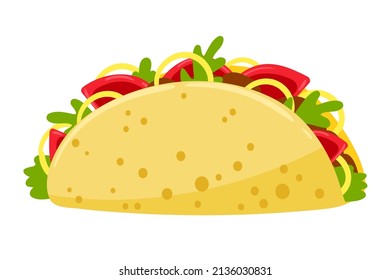 Cartoon Taco with meat with vegetables vector illustration Mexican traditional food. Isolated on white background.