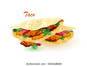 Cartoon of taco mexico food with tortilla, leaves lettuce, cheese, tomato, forcemeat, sauce. Vector traditional spicy mexican fast food, takeaway. Concept of lunch, snack isolated on white background
