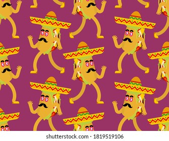 Cartoon taco in sombrero pattern seamless.  Mexican fast food in hat background. tacos texture
