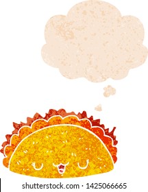 cartoon taco with thought bubble in grunge distressed retro textured style