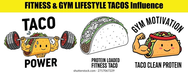 Tacos de dibujos animados levantando pesas y flexionando los músculos con el texto de motivación del gimnasio