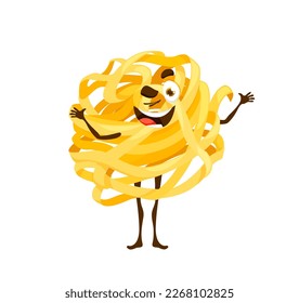 Cartoon tagliatelle pasta Charakter. Erstaunliche Vektormakaroni-Persönlichkeit winkeln Auge mit glücklichem Lächeln. Leckeres italienisches Essen kawaii Emoji, charmantes und liebliches Abendessen Emoticon, komisches Nudelgericht Italienisches Gericht